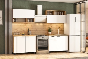 Кухонный гарнитур Монако (2м) (Серия 2) Дуб Золотой/Белый матовый/Дуб Вотан р;200*44,2*214