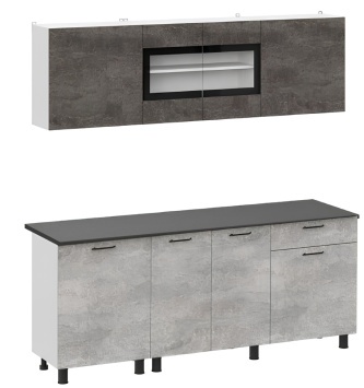 Асүй гарнитуры "КГ 9" (2,0м) Ақ/Цемент қара қоңыр/Цемент ашық/Қара / Кухонный гарнитур "КГ 9" (2,0м) Белый/Цемент темный/Цемент светлый/Черный